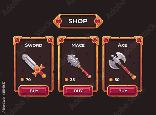 Fantasy game weapon shop concept. Game shop UI frame illustration.