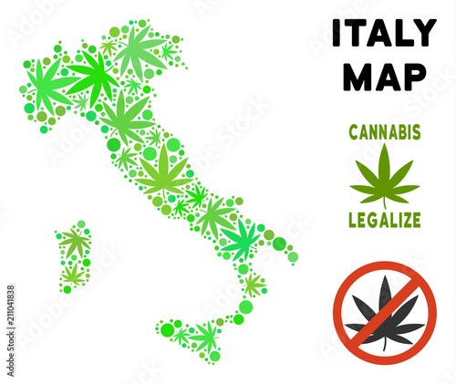 Royalty free marijuana Italy map composition of weed leaves. Template for narcotic addiction campaign against drugs dependence or cannabis legalize.