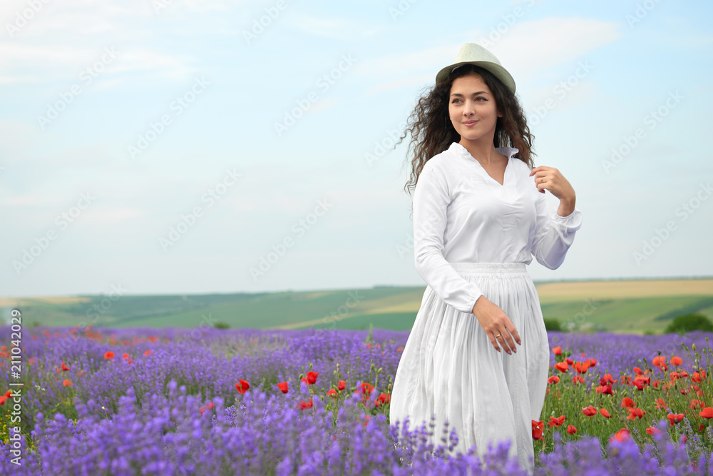 young girl is in the lavender field, beautiful summer landscape with flowers young girl is in the lavender field, beautiful summer landscape with flowers