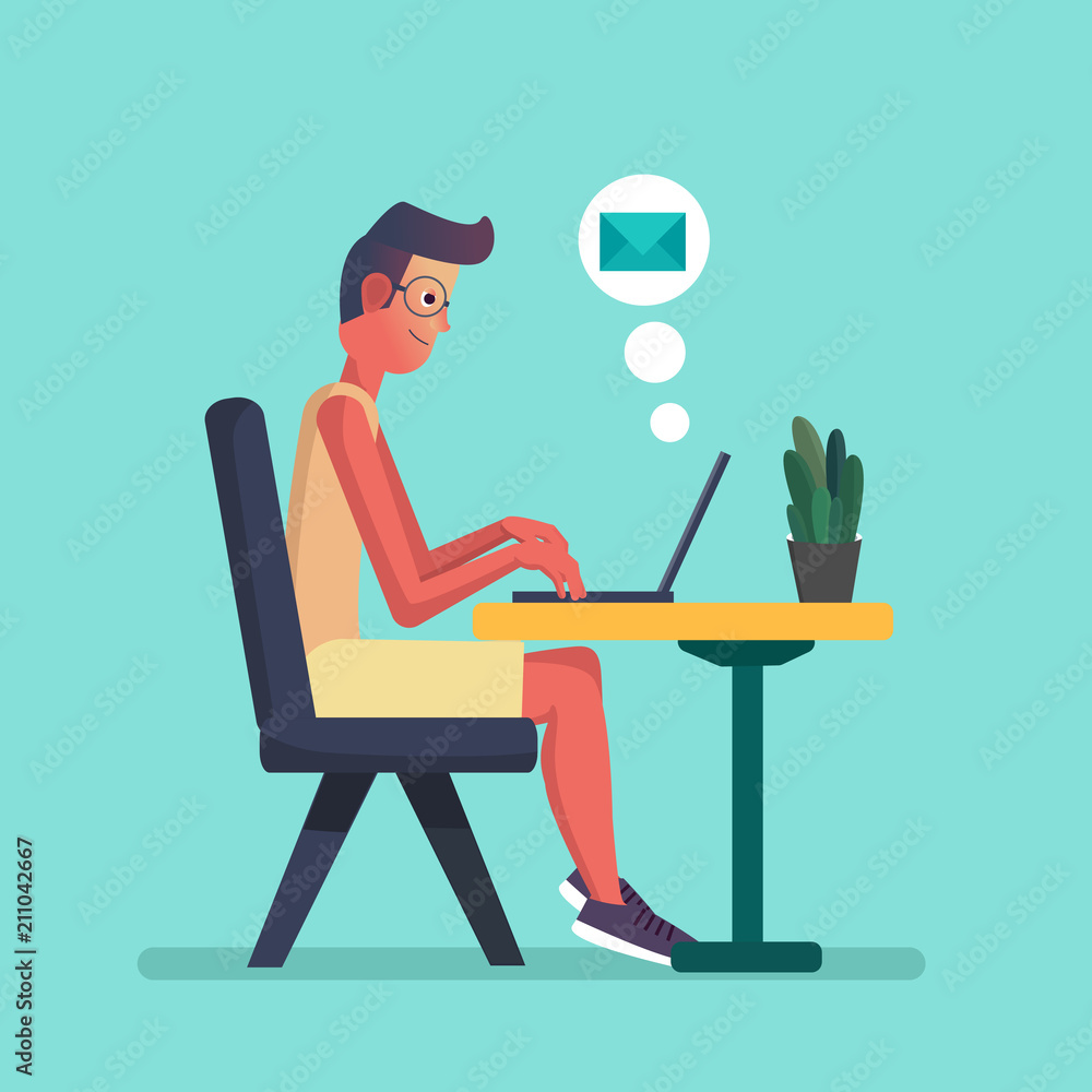 Young Man working on laptop. Flat cartoon person character, freelancer workplace, work desk Young Man working on laptop. Flat cartoon person character, freelancer workplace, work desk