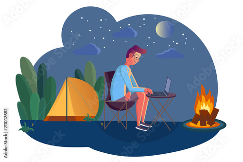 Man camping and working on laptop. Evening scene with tent, campfire, moon and stars on background. Flat design style. Man character on holiday, trip.