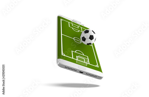 Mobile football soccer. Mobile sport play match. Online soccer game with live mobile app. Football field on the smartphone screen and ball. Online ticket sales concept