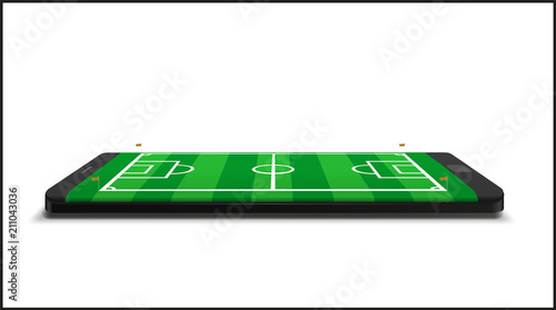 Mobile football soccer. Mobile sport play match. Online soccer game with live mobile app. Football field on the smartphone screen. Online ticket sales concept