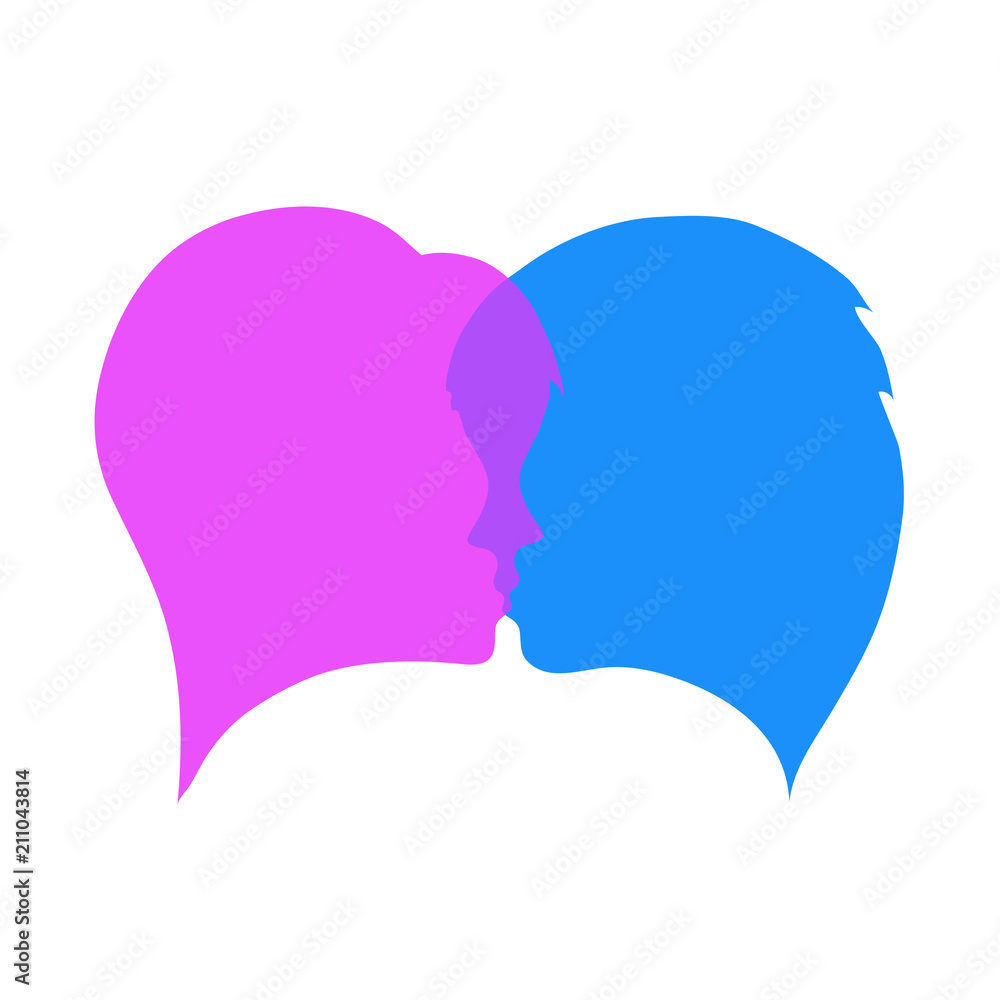 man and woman kiss silhouettes heads on white, stock vector illustration