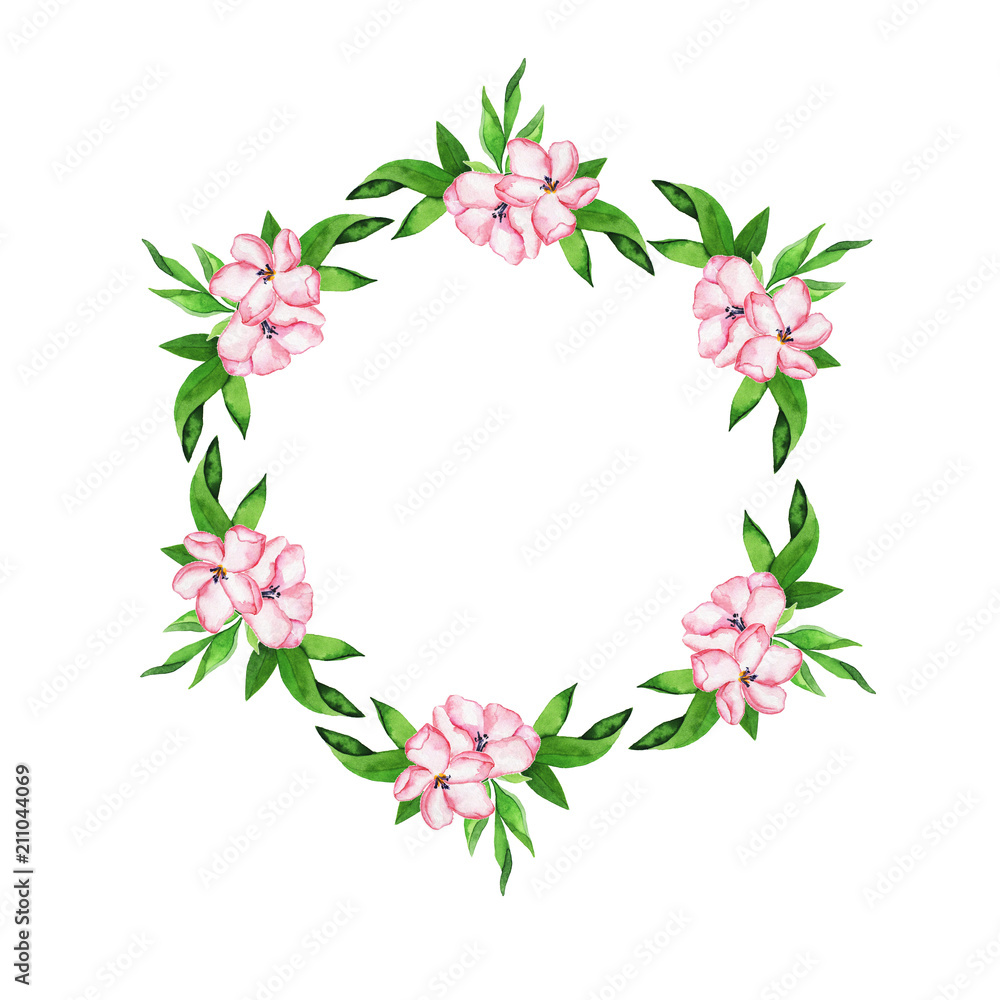 Pink flowers and green leaves bouquet frame isolated on white background. Hand drawn watercolor illustration.