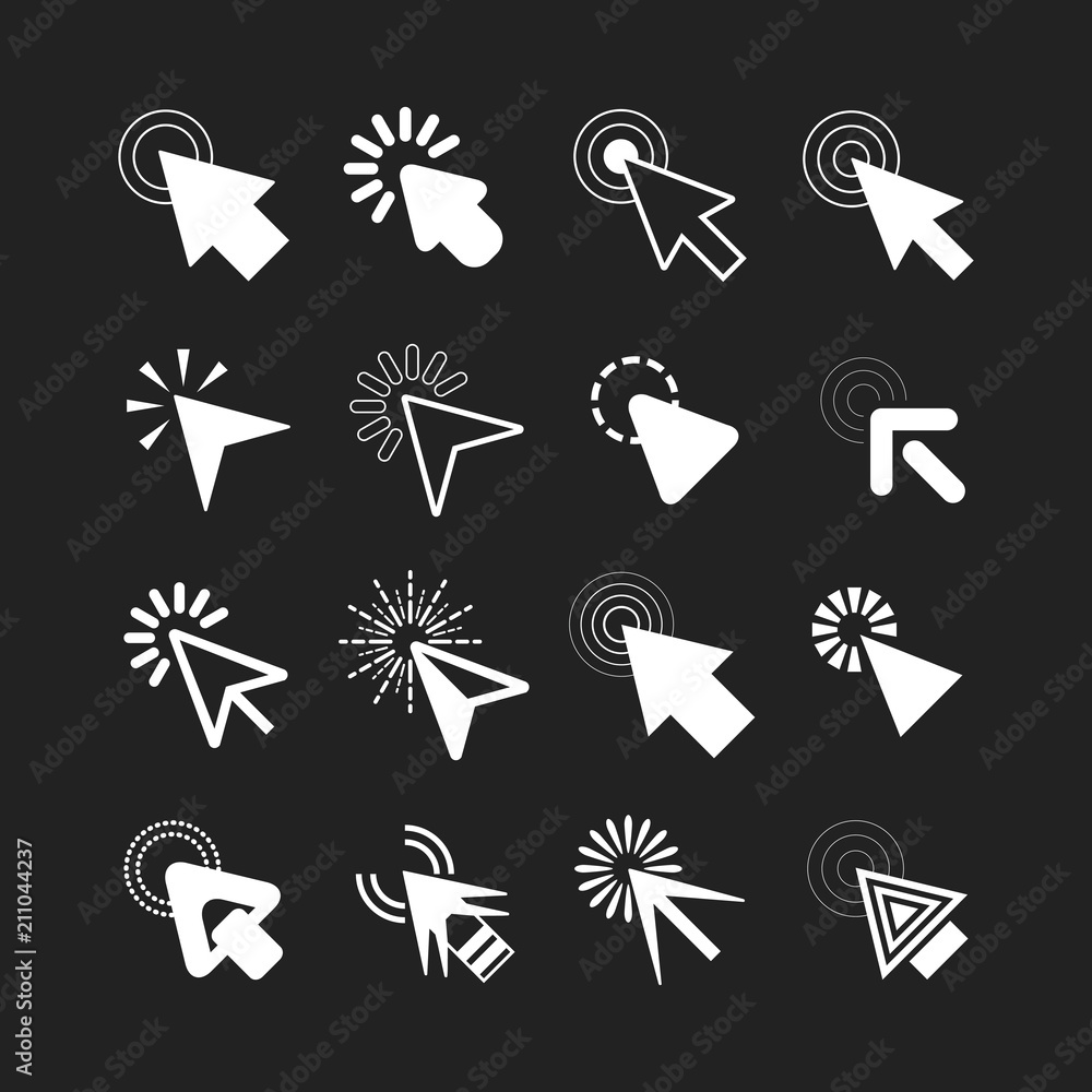 White click cursor pointers icons set on black background