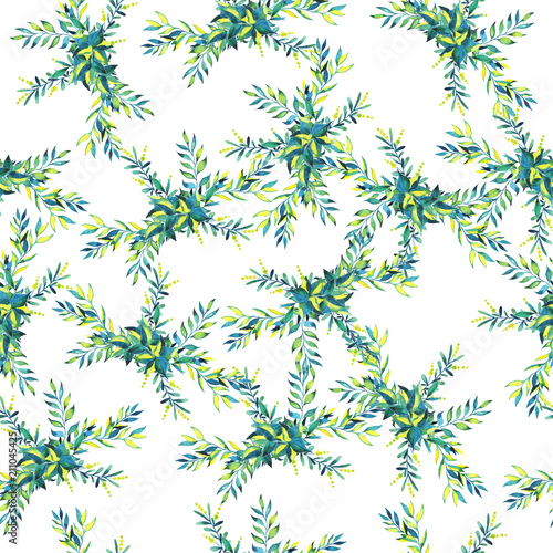 Fototapeta Naklejka Na Ścianę i Meble -  Seamless pattern with green and yellow leaf bouquet on white background. Hand drawn watercolor illustration.

