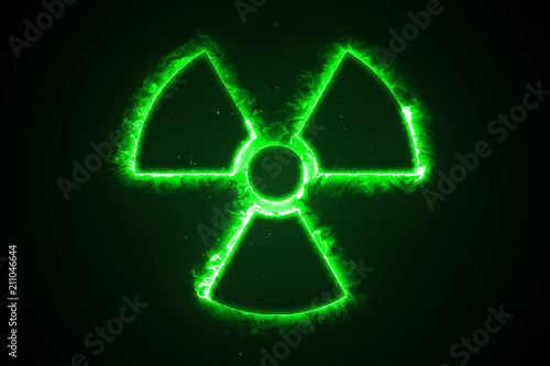 3d illustration of green fire or flow energy from nuclear and biohazard symbols.