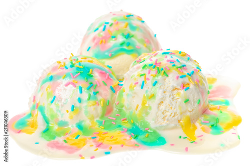 white melting scoop of sundae ice cream with rainbow glaze and sprinkles isolated on white background, summer creative concept