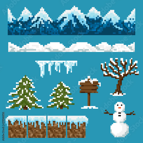 A set of pixel elements for creating a winter landscape