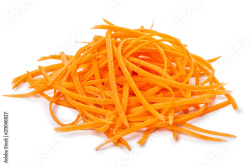 orange carrots vegetables julienned for salad isolated on white background, concept healthy eating