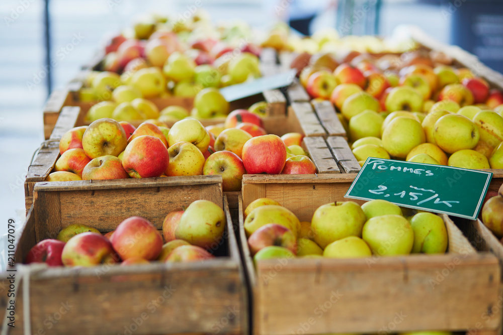 Fresh organic vegetables and fruits on farmer market in Paris, France