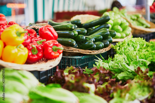 Fresh organic vegetables and fruits on farmer market in Paris, France
