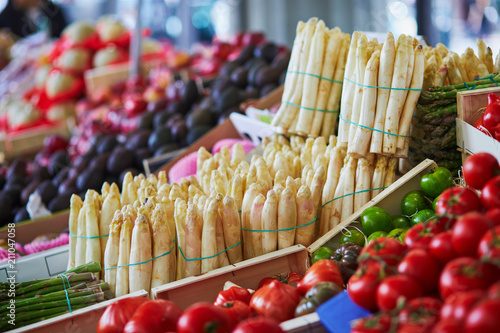 Fresh organic vegetables and fruits on farmer market in Paris, France