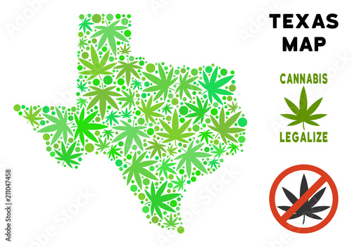 Royalty free cannabis Texas map composition of weed leaves. Concept for narcotic addiction campaign against drugs dependence or cannabis legalize.