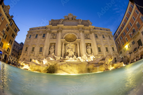Fountain di Trevi long exposure view from Rome with wide angle lens