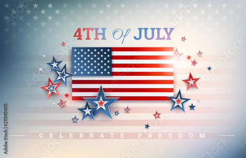 4th of July USA Independence Day background with USA flag, Celebrate Freedom text, stars on shiny abstract background. Impressive American design! Vector