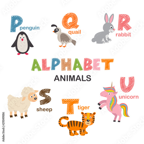 alphabet with animals P to U  - vector illustration, eps
