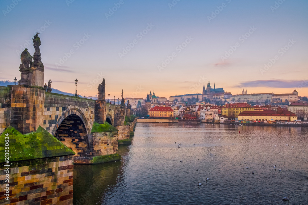 Scenic view of Charles bridge and Prague castle at sunrise, Prague, Czech Republic