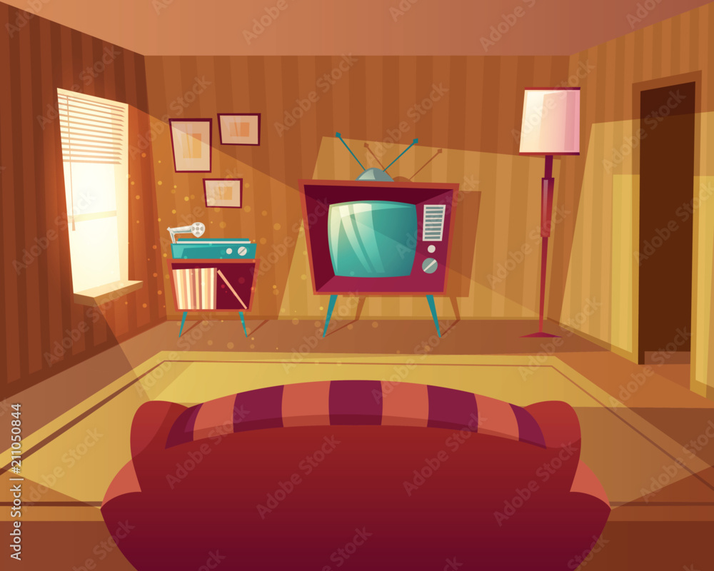 Vector illustration of cartoon living room. Front view from sofa to TV set,  vinyl player. Light from window on furniture, carpet. Domestic interior  background Stock Vector | Adobe Stock
