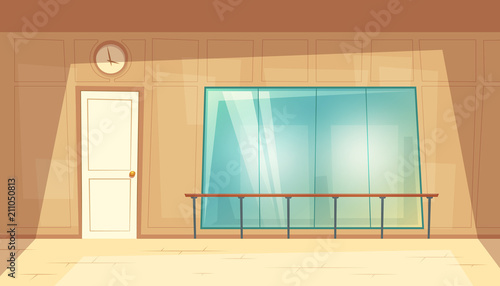 Vector cartoon illustration of empty dance-hall with mirrors and wooden floor. Rehearsal room for ballet lessons with wall handrails. Gym, class for fitness trainings or yoga, blank interior inside