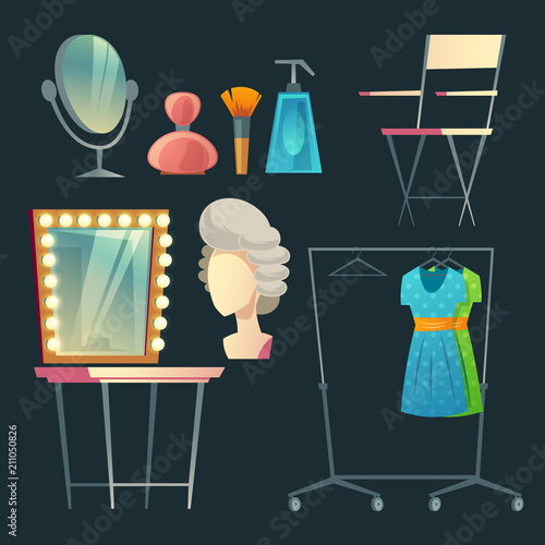 Vector cartoon actress, actor s dressing room. Collection with furniture, clothing and hanger with costumes. Table with light bulbs and mirror. Makeup, spray and brush for theatrical performance.