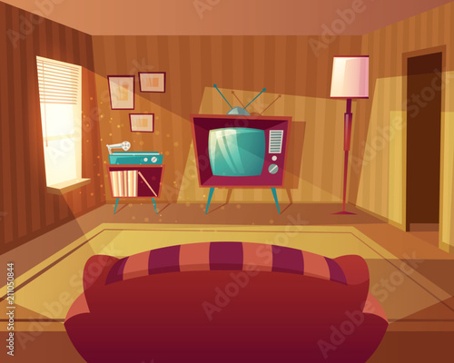 Vector illustration of cartoon living room. Front view from sofa to TV set, vinyl player. Light from window on furniture, carpet. Domestic interior background