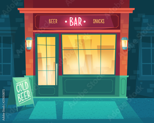 Vector cartoon background with bar at night. Facade of building for public catering, exterior of beerhouse with shop-windows and signboard. Entrance of fast food restaurant with beer and snacks