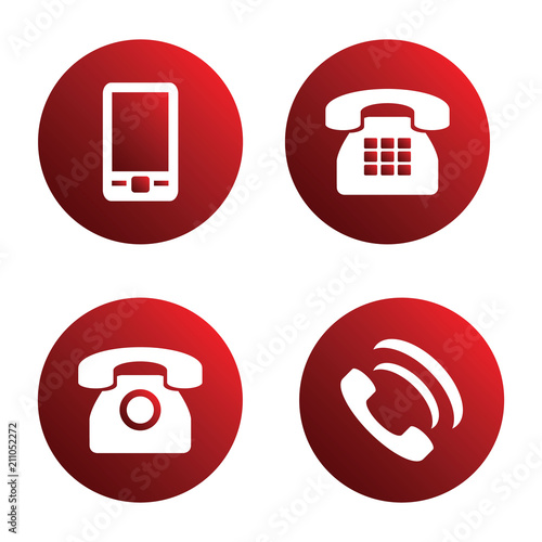 Vector icon set: red phone icons - mobile phone, handset, two types of traditional phone	
