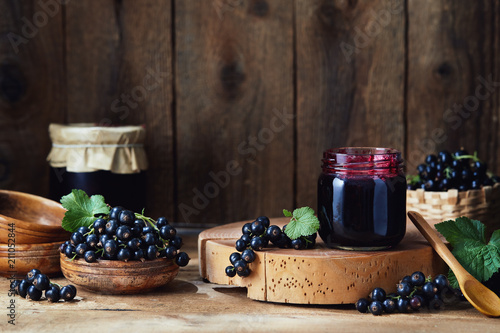Freshly picked home grown blackcurrants and homemade blackcurrant jam