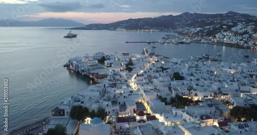 Mykonos Town sunset drone