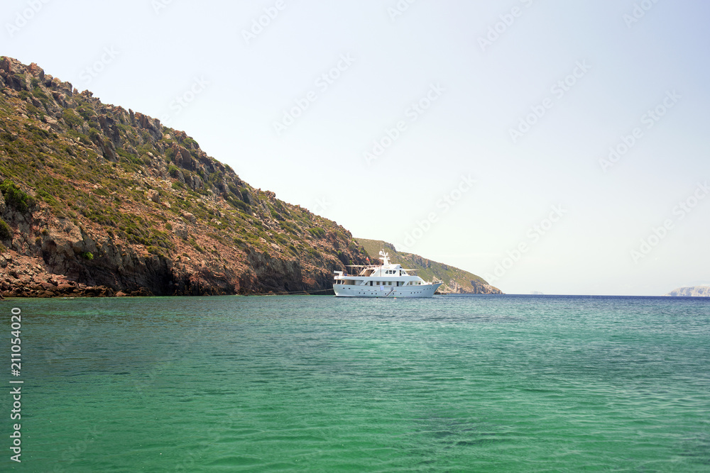 A luxury motorboat in the bay of an island, Patmos ,Greece in summer 