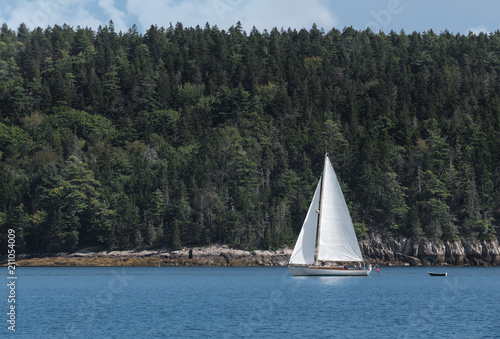 Sailboat Moves Past Maine Coastline