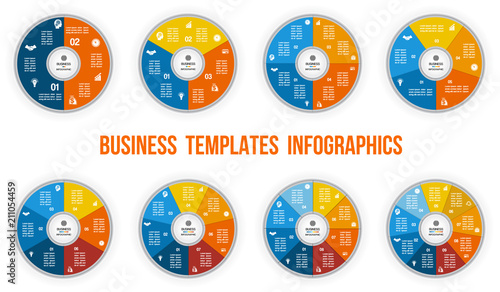 Colorful Ring for cyclic process Infographics. Templates for 3, 4, 5, 6, 7, 8, 9, 10 positions. Can be used for Business presentation, Web design, infograph, Data Visualization. Set of business icons