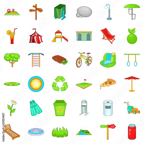 Green park icons set. Cartoon style of 36 green park vector icons for web isolated on white background