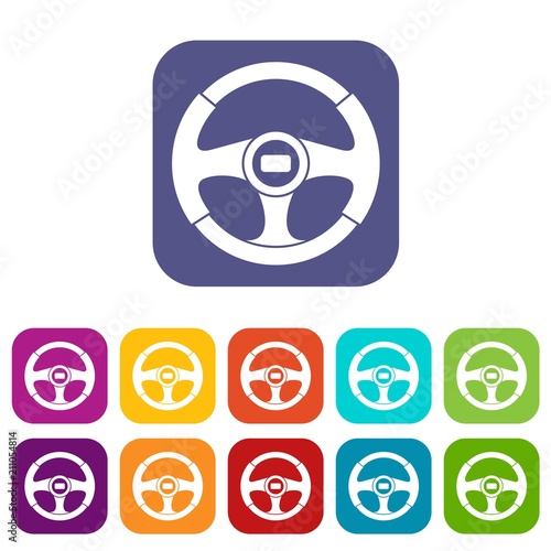 Car steering wheel icons set vector illustration in flat style in colors red, blue, green, and other