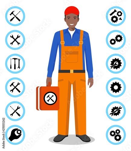 Repair service concept. Detailed illustration of master repairer in flat style. Simple icons set: wrench, screwdriver, hammer and gear. Services icon or button isolated on white background. Vector