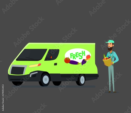 Vector cartoon style farmers fruit and vegetables red delivery car