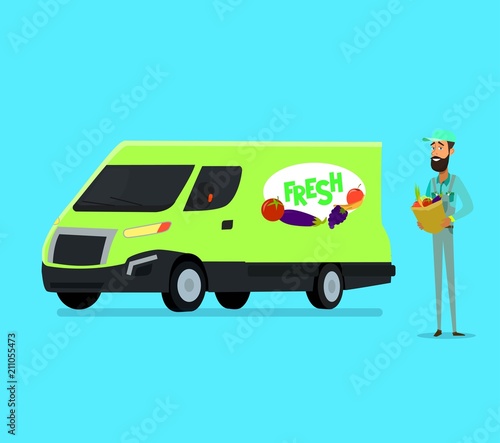 Vector cartoon style farmers fruit and vegetables red delivery car