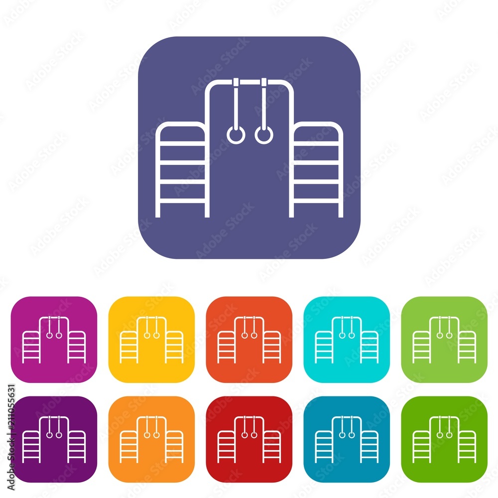 Horizontal bar with climbing rings and ladder icons set vector illustration in flat style in colors red, blue, green, and other Horizontal bar with climbing rings and ladder icons set vector illustration in flat style in colors red, blue, green, and other