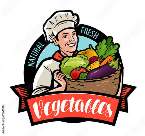 Happy cook is holding a wicker basket with vegetables. Cartoon vector illustration