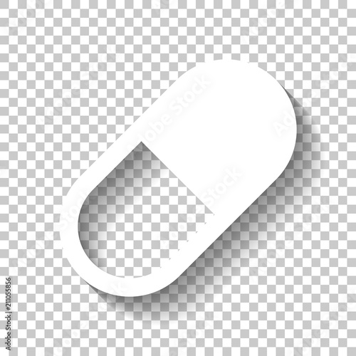 simple symbol of pill or vitamin. White icon with shadow on tran