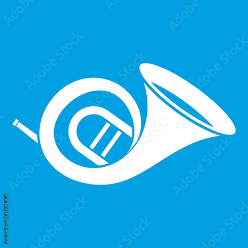 French horn icon white isolated on blue background vector illustration
