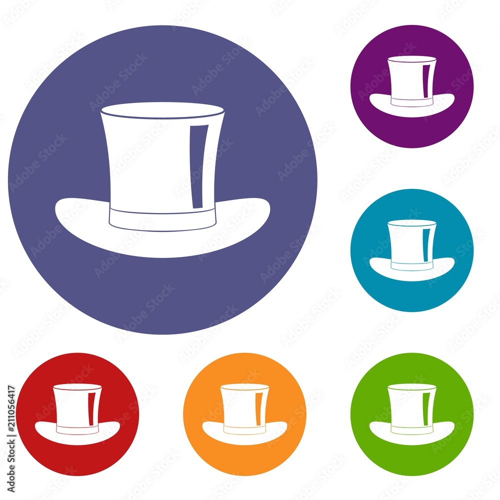 Silk hat icons set in flat circle red, blue and green color for web Silk hat icons set in flat circle red, blue and green color for web