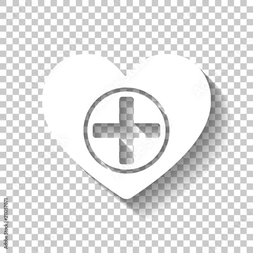 Heart and medical cross. Simple icon. White icon with shadow on