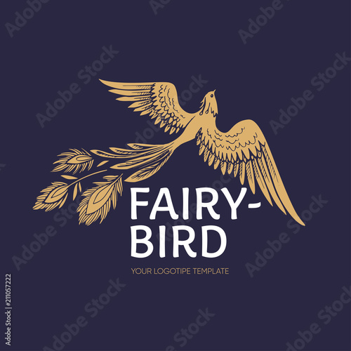 Vector Fire bird logotipe. Stylized graphic phoenix bird flying with expanded wings logo template, vector illustration isolated on white background