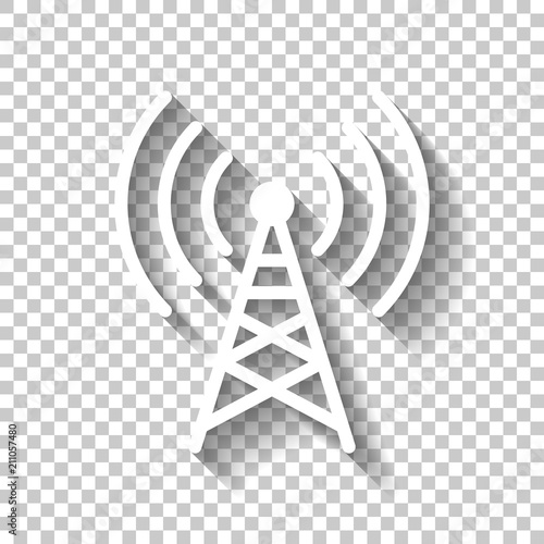 Radio tower icon. Linear style. White icon with shadow on transp