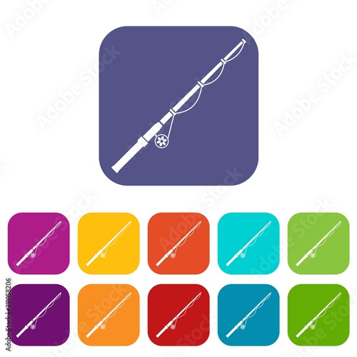Rod and reel icons set vector illustration in flat style in colors red, blue, green, and other