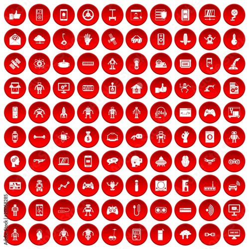 100 robot icons set in red circle isolated on white vector illustration