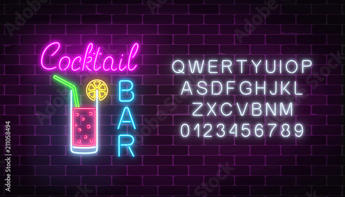 Glowing neon cocktails bar signboard with alphabet. Luminous advertising sign of night club with bar.